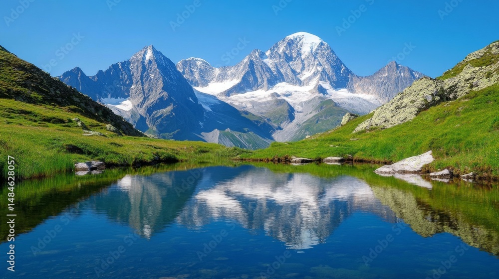 Fototapeta premium A stunning mountain landscape reflects in a serene lake. This picturesque view captures the beauty of nature. A perfect escape for your eyes. Generative AI