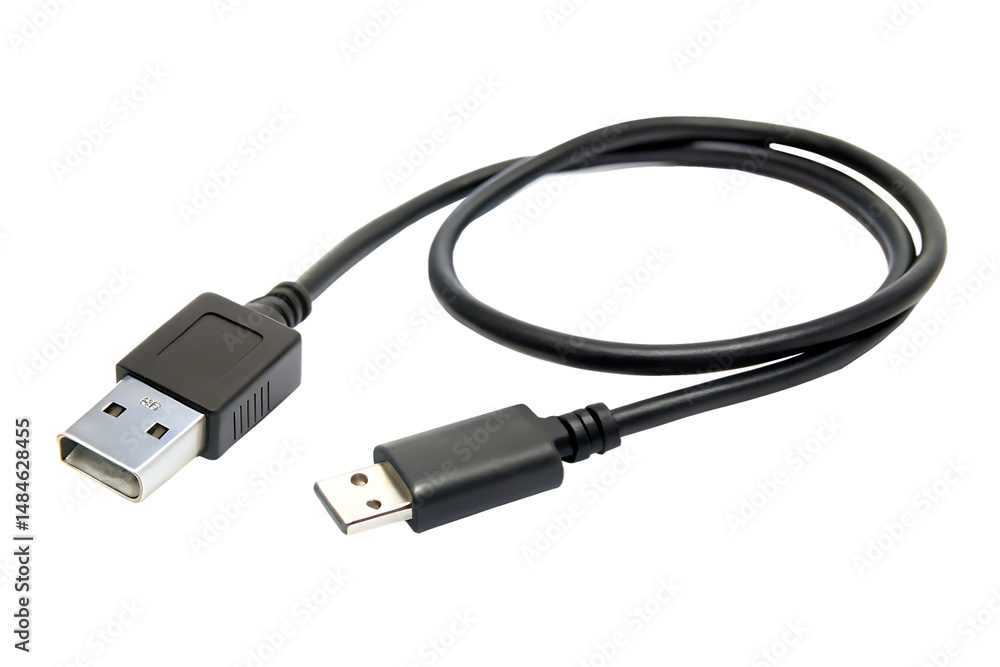 A close up view of a black usb cable with two different ends on a black background in studio lighting A close up view of a black usb cable with two different ends on a black background in studio lighting
