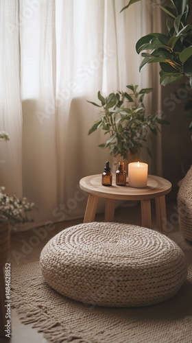 Home meditation space indoor plants woven cushion candle aromatherapy minimal cozy peaceful relaxing interior decor wellness spiritual retreat calm selfcare atmosphere natural light