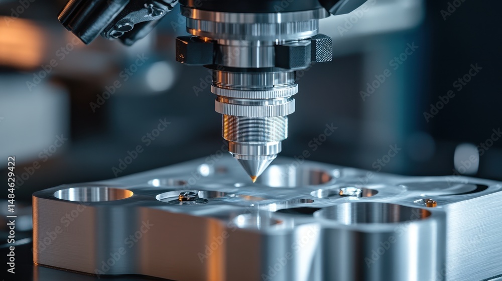 Close-up shot of a laser cutting machine working on metal piece. It shows precision engineering, manufacturing, & industrial processes. Close-up shot of a laser cutting machine working on metal piece. It shows precision engineering, manufacturing, & industrial processes.