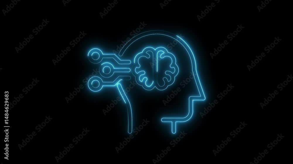 Digital brain interface glowing blue neon silhouette connecting minds and artificial intelligence systems Digital brain interface glowing blue neon silhouette connecting minds and artificial intelligence systems