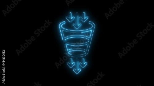 Neon funnel with arrows showing conversion process on black background motion graphic