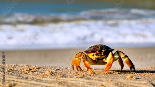 Crab walking on sandy beach near ocean waves with bright sunlight, close up view, animal portrait
