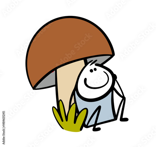 Satisfied stickman hid in the forest under a huge mushroom. Vector illustration of a boy sitting in the grass in nature. Cartoon mutant plant or a gnome child.