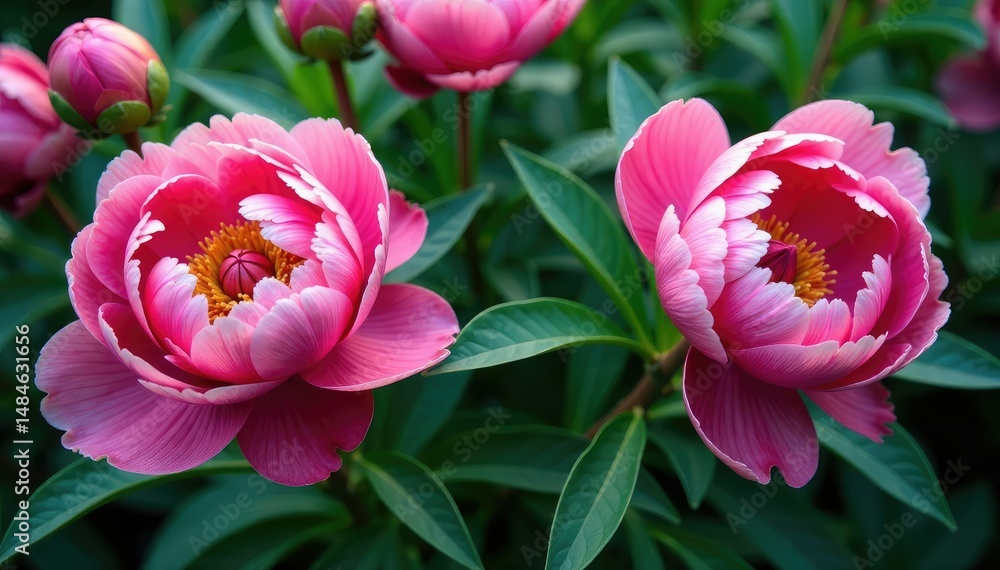 Obraz premium Bold peony blooms & lush foliage, vibrant repeat, peonies, background