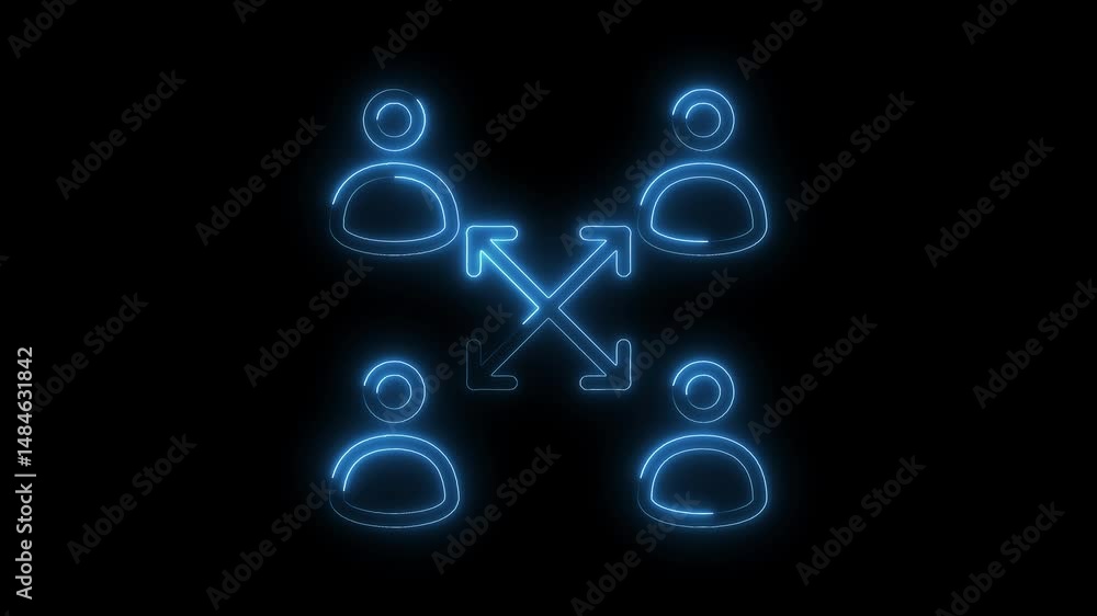Neon style social network connection with four people sharing data and interacting glowing blue Neon style social network connection with four people sharing data and interacting glowing blue