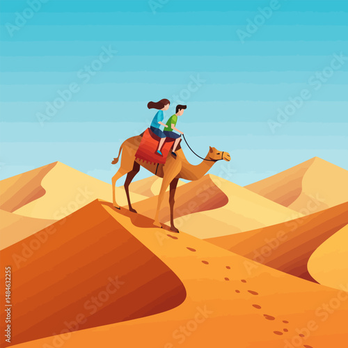 Couple Riding Camel Through Desert Landscape Under Clear Blue Sky