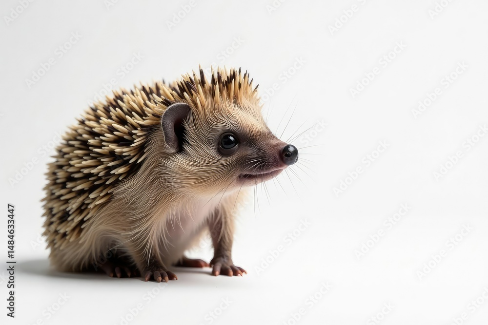 Close-up view of a solitary hedgehog on a pure white background , erinaceidae, image Close-up view of a solitary hedgehog on a pure white background , erinaceidae, image