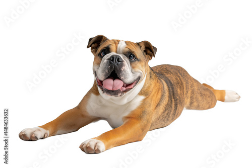 Bulldog showing off its comical side as it slides on its belly with legs stretched out and a playful grin, all captured in a bright studio setup highlighting its brindle coat