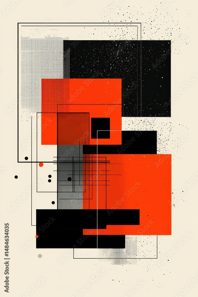 Abstract minimalistic design with red and black geometric shapes on a textured background