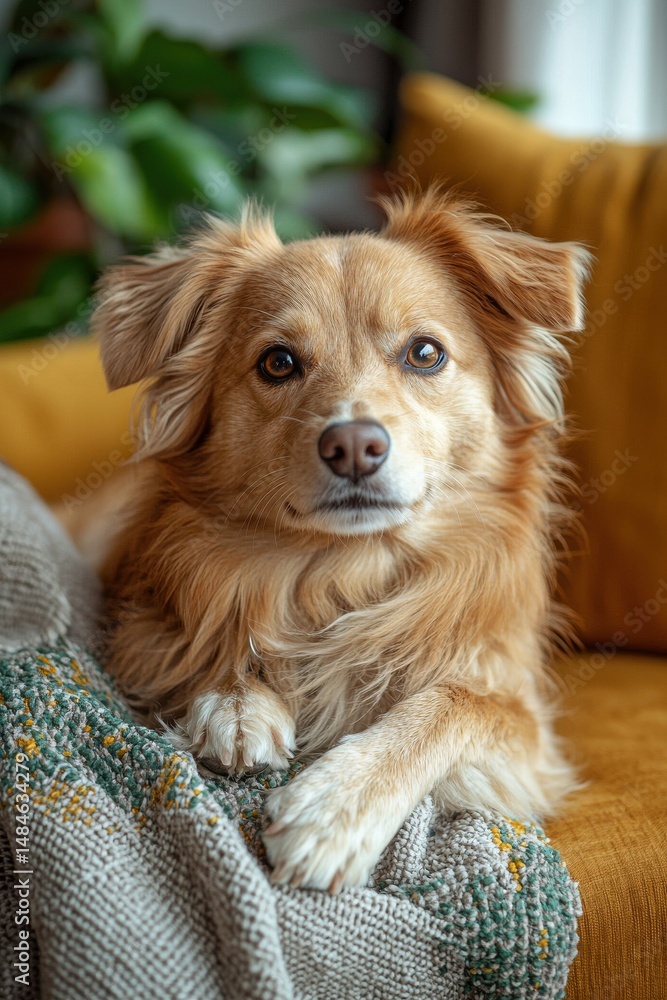 Relaxed dog lounging on a cozy sofa with textured blankets and pillows
