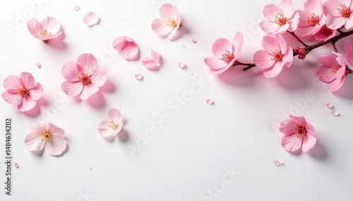 Delicate, scattered blossoms on white background, soft, nature