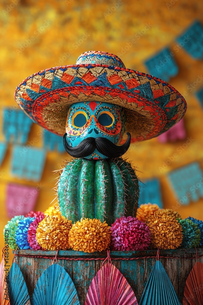 Colorful handcrafted cactus figurine with sombrero and mustache on yellow background