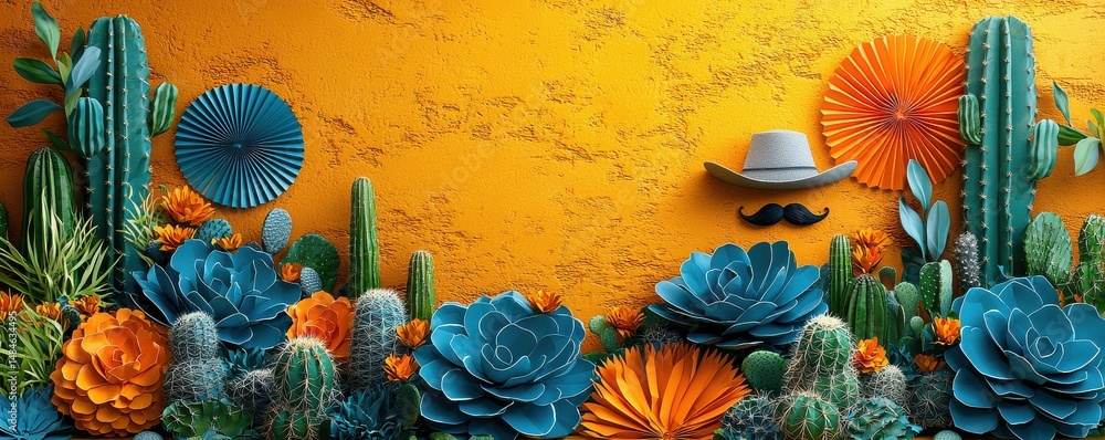 Charming cactus adorned with a sombrero and mustache in festive decor