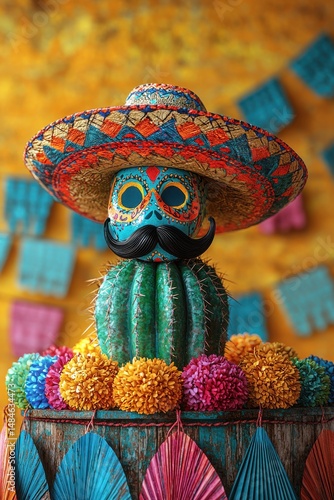 Obraz na płótnie Colorful handcrafted cactus figurine with sombrero and mustache on yellow background w salonie