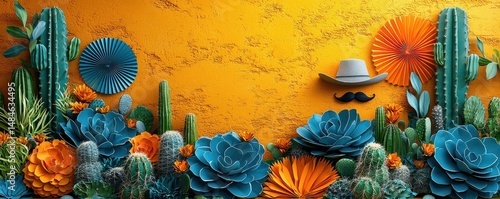 Obraz na płótnie Charming cactus adorned with a sombrero and mustache in festive decor w salonie