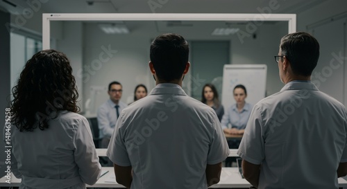 Three professionals, one woman and two men, stand with their backs to the camera, observing four colleagues in a meeting through a large one-way mirror in an office.