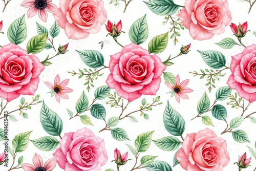 Delicate watercolor roses & leaves, repeating seamlessly , blossom, wallpaper