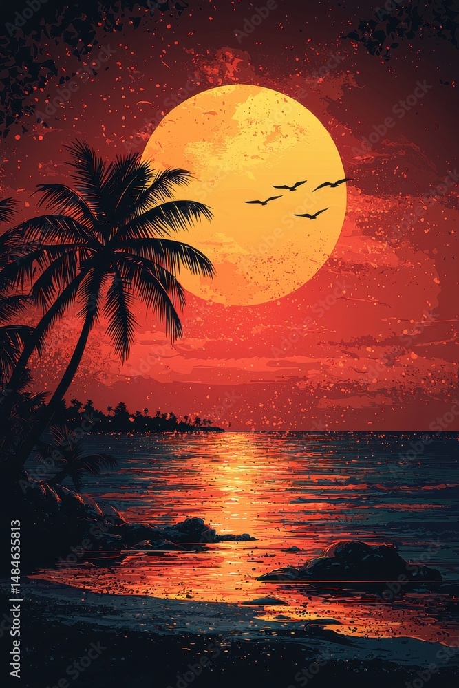Silhouetted palm trees against a vibrant tropical sunset with flying birds