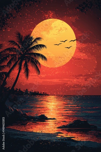 Obraz na płótnie Silhouetted palm trees against a vibrant tropical sunset with flying birds w salonie