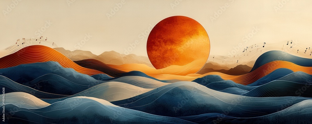 Abstract artistic landscape featuring vibrant rolling hills and a floating sphere
