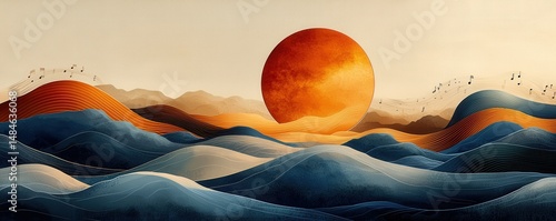Obraz na płótnie Abstract artistic landscape featuring vibrant rolling hills and a floating sphere w salonie