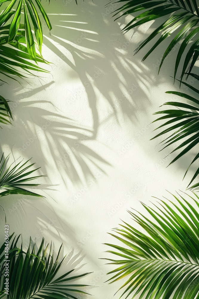 Sunlit palm leaves casting shadows on a bright white wall background