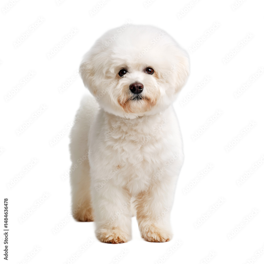 Obraz premium Bichon Frise stands in a full stack pose on a white backdrop, exhibiting a fluffy coat and confident expression, creating a charming and elegant appearance under expert lighting