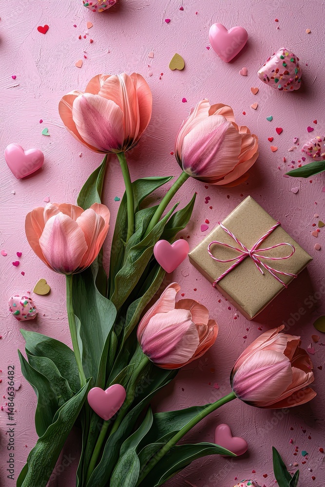 Pink tulips and gift on teal background with heart-shaped decorations