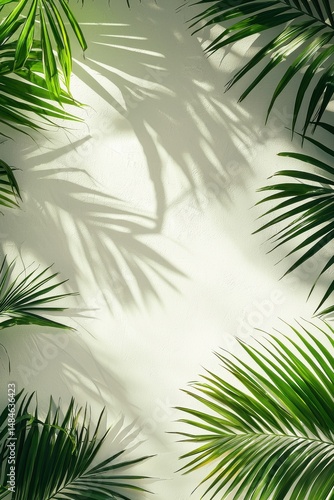 Obraz na płótnie Sunlit palm leaves casting shadows on a bright white wall background w salonie