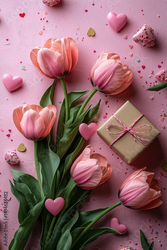 Obraz na płótnie Pink tulips and gift on teal background with heart-shaped decorations w salonie