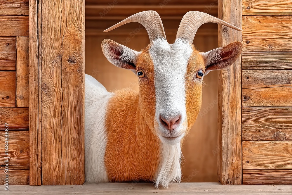 Brown and white goat peeking out from a rustic wooden doorway