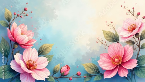 Flowing floral design, soft pastel shades, watercolor effect, leaves, floral