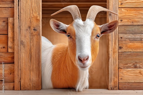 Obraz na płótnie Brown and white goat peeking out from a rustic wooden doorway w salonie