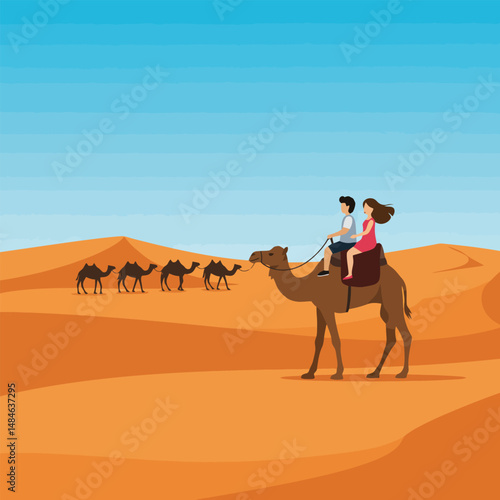 Couple Riding Camel Through Desert Landscape Illustration with Clear Blue Sky