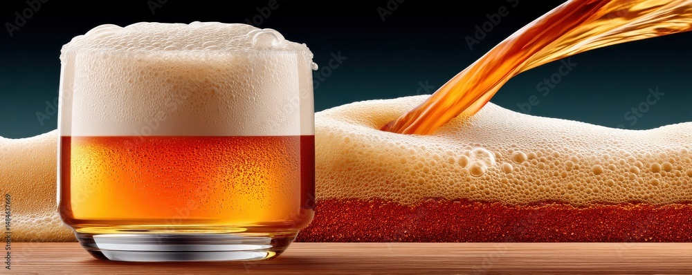 Close-up of frothy beer pouring into a glass on wooden surface