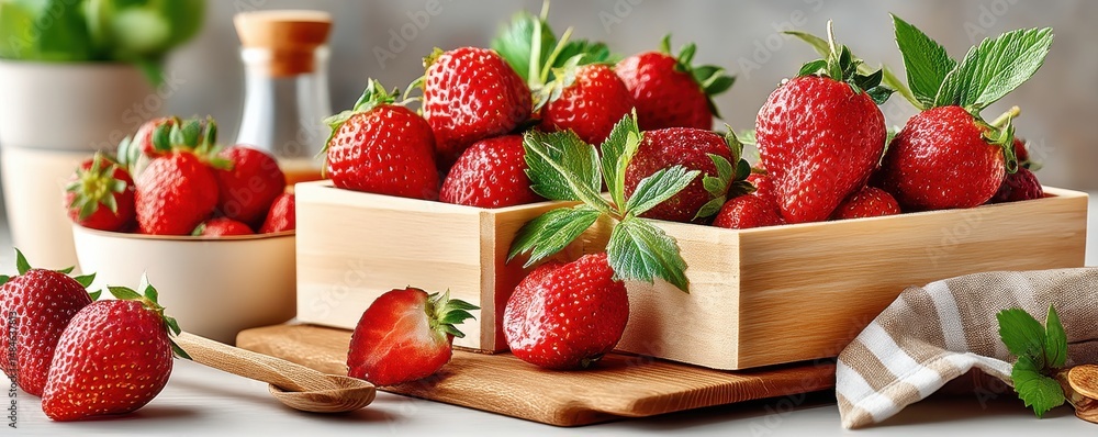 Fresh strawberries in wooden boxes with leaves on a sunny tabletop