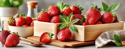 Obraz na płótnie Fresh strawberries in wooden boxes with leaves on a sunny tabletop w salonie