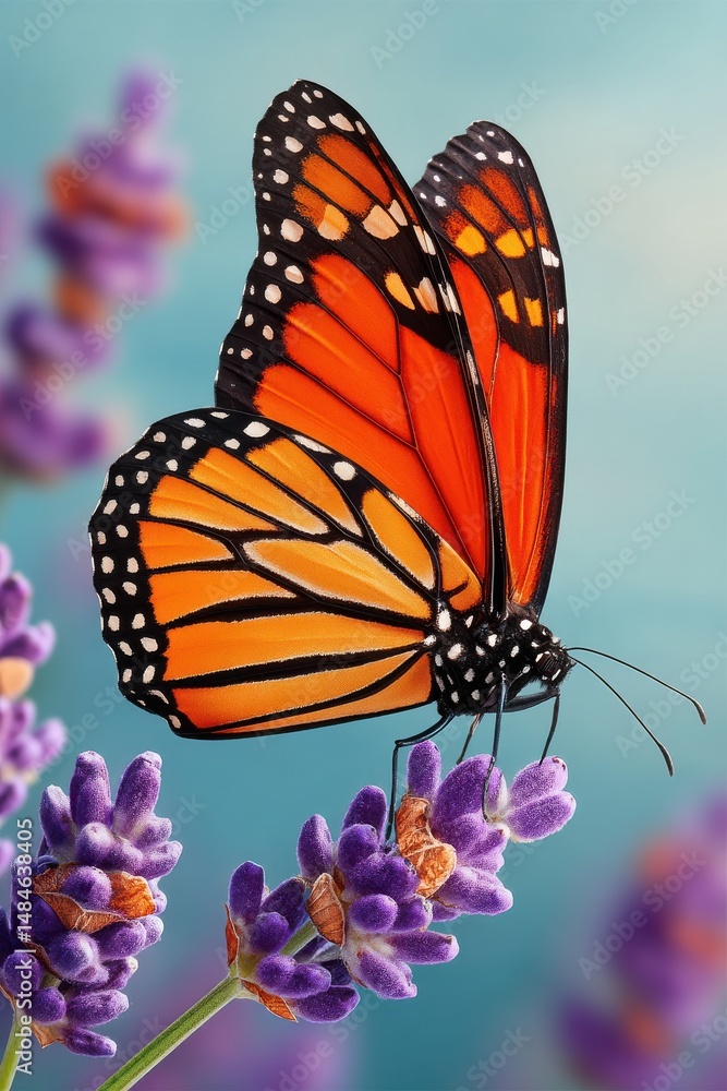 Monarch butterfly perched on lavender blossom in a colorful natural background