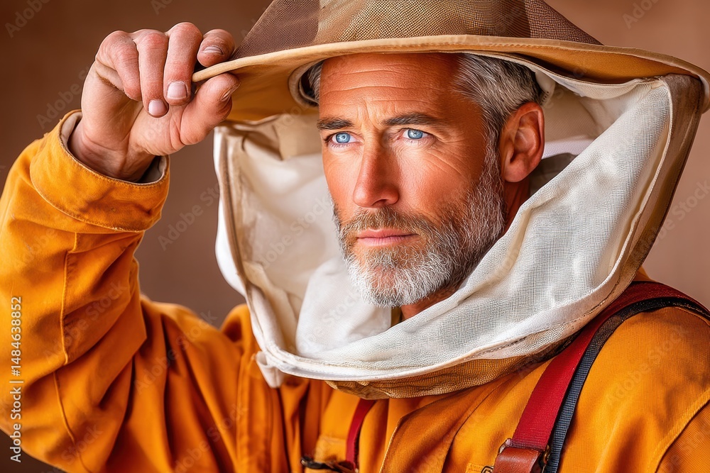 Portrait of a distinguished beekeeper adjusting protective gear in natural lighting