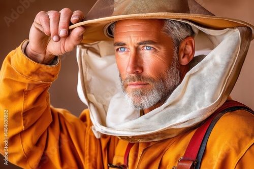 Obraz na płótnie Portrait of a distinguished beekeeper adjusting protective gear in natural lighting w salonie