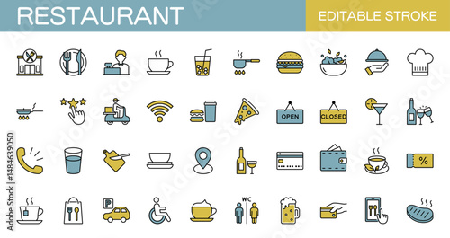 Colored restaurant icon set. Eatery, cafe, menu, cooking, drink, alcohol, and food delivery. Vector illustration. Editable stroke.