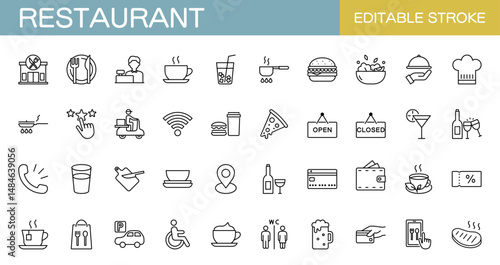 Restaurant icon set. Eatery, cafe, menu, cooking, drink, alcohol, and food delivery. Vector illustration. Editable stroke.