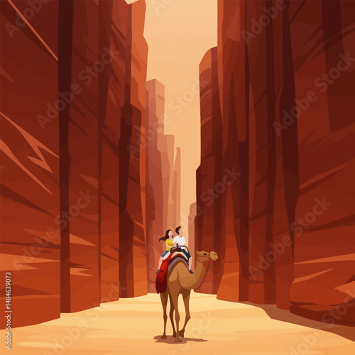 Riding Camel Through Desert Canyon with Two People Exploring Nature