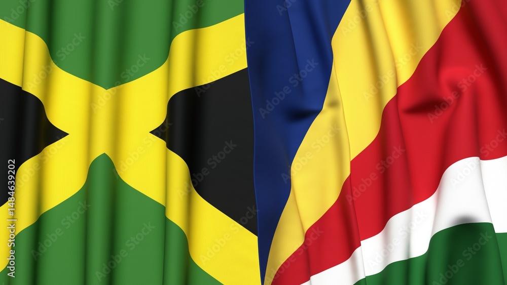Obraz premium Flags of JAMAICA and SEYCHELLES with realistic cloth texture