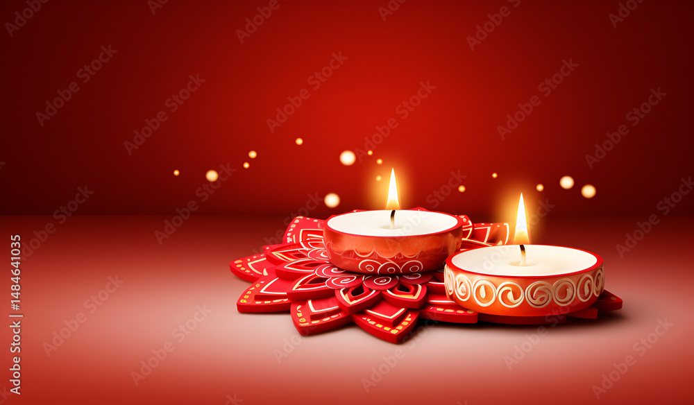 Traditional red Diwali festival background with diya lamps and colorful cultural elements Traditional red Diwali festival background with diya lamps and colorful cultural elements