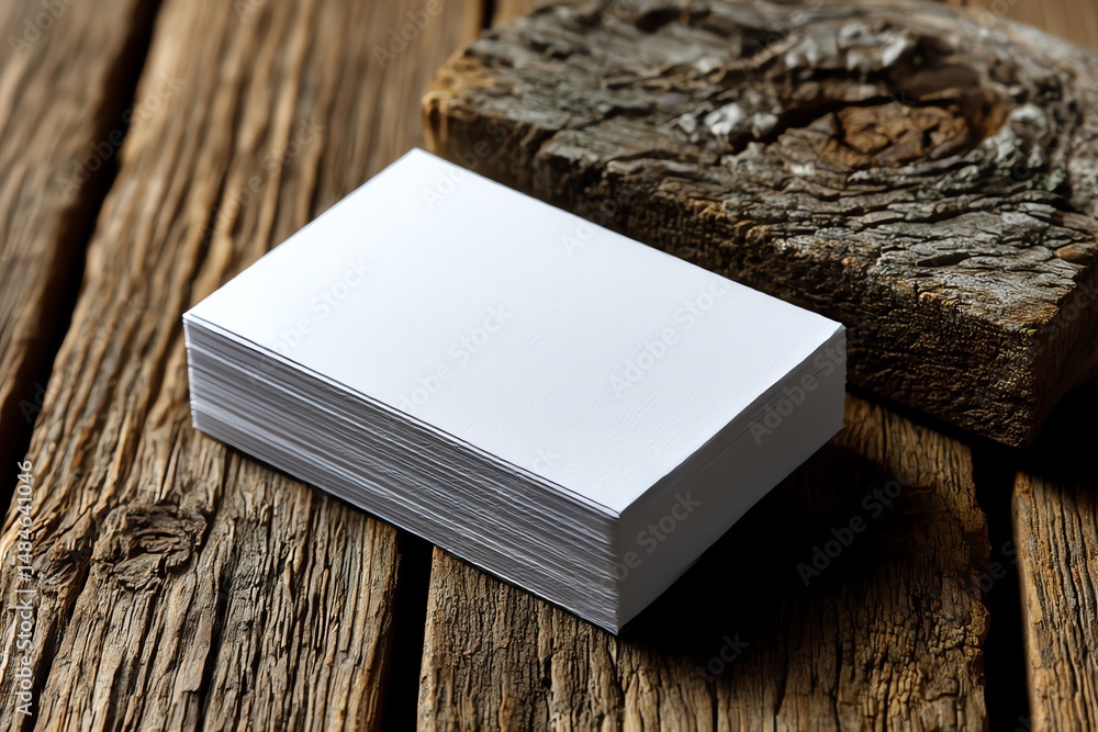 Fototapeta premium Elegant plain white business card on natural wood texture, perfect for minimalist branding, professional mockups, and clean design inspiration. Isolated on wooden background.