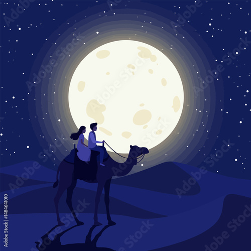 Couple Riding Camel Silhouette Under Moonlight in Desert Adventure