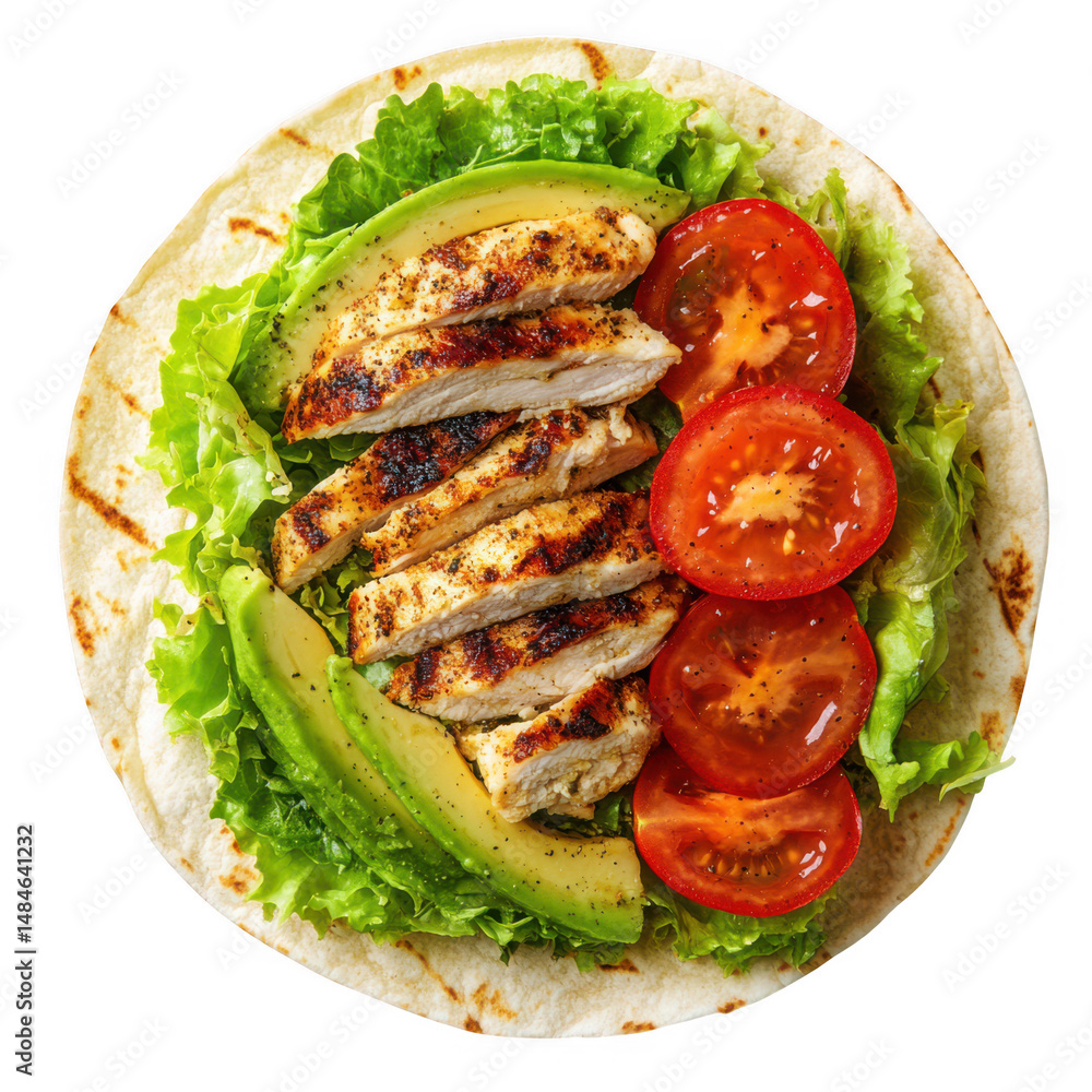Delicious chicken wrap with avocado and tomatoes isolated on transparent background Delicious chicken wrap with avocado and tomatoes isolated on transparent background
