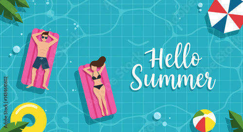 Summer activity: Flat vector illustration with "Hello Summer" text, depicting a couple relaxing on inflatable mattresses in a blue swimming pool. Enjoying summer relaxation